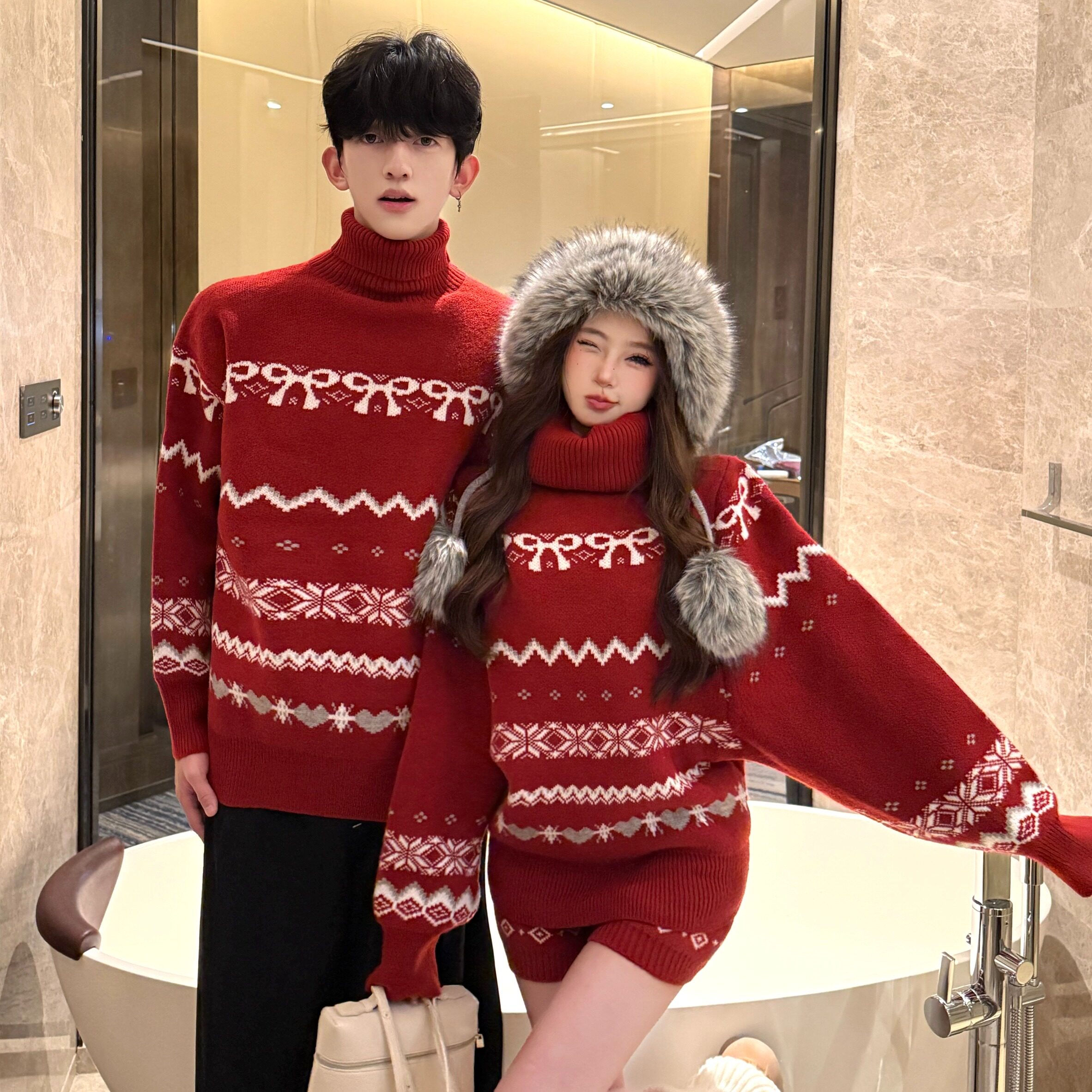 圣诞红色情侣装秋冬ins超火毛衣男女韩版宽松法式针织衫外套潮牌,女装/女士精品,毛衣,淘宝优惠券,粉丝福利购,淘宝优惠卷