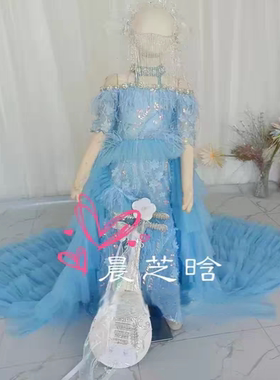 出租女童海洋蓝色精灵国潮模特走秀儿童车模华夏千年演出晚礼服