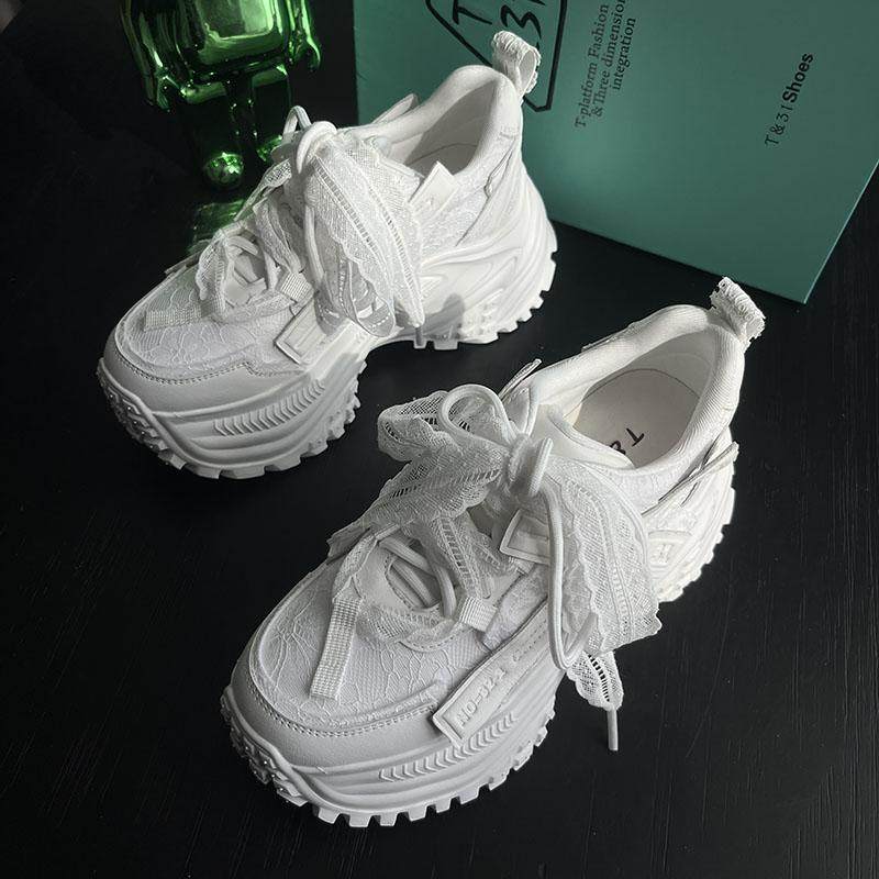 T31小个子增高8CM厚底老爹鞋女真皮拼蕾丝透气运动休闲鞋