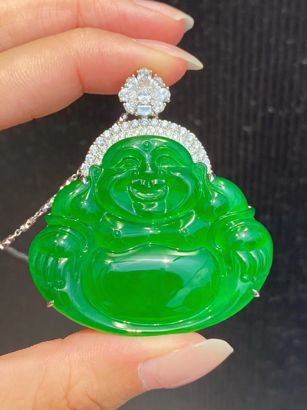危地马拉翡翠吊坠冰种帝王绿佛公18K金镶嵌玉石天然A货危料翡翠