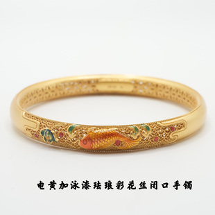 999纯银锦鲤彩花开口手镯女复古宫廷风实心手镯