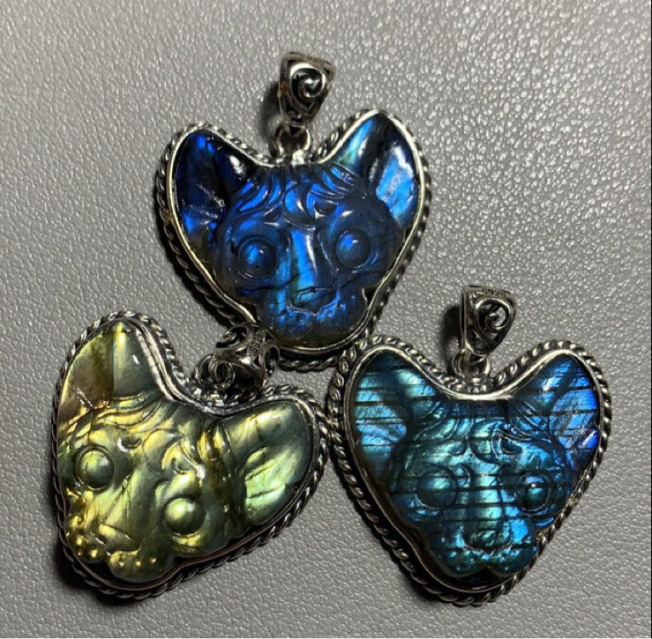 拉长石吊坠猫头饰品欧美手工银镶嵌绕线