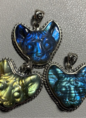 男女拉长石吊坠灰月光猫头银镶嵌