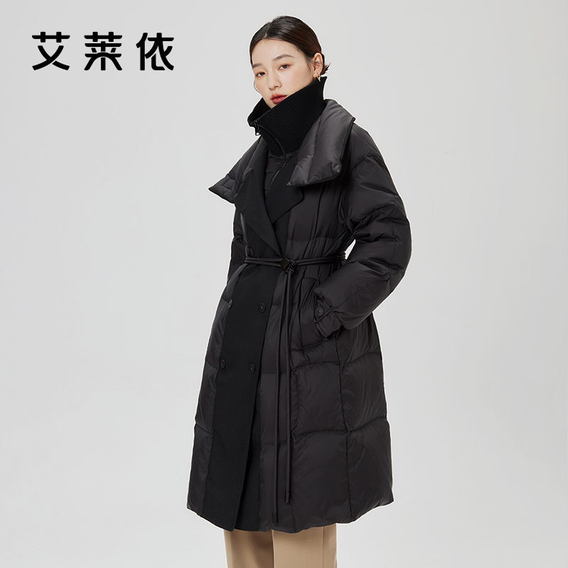 【直播】艾莱依风衣羽绒服女2023年新款设计感针织立领中长款外套