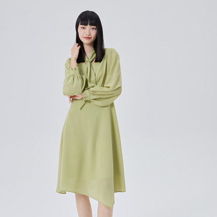 艾莱依艾莱依长袖飘带连衣裙女夏季商场同款系带法式长袖A字裙