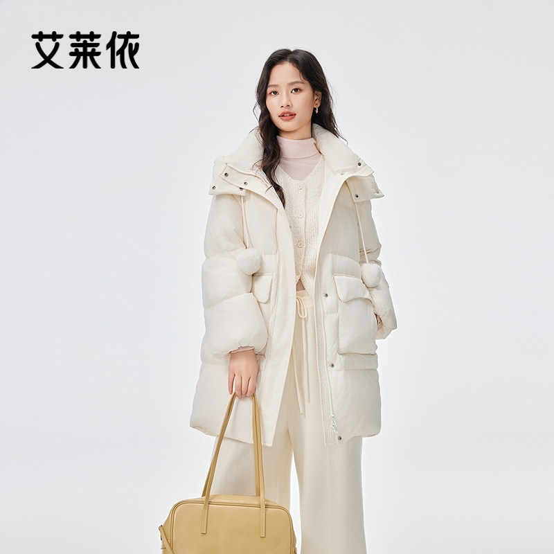 艾莱依时尚毛球中长款羽绒服商场同款宽松大口袋时尚连帽外套女士