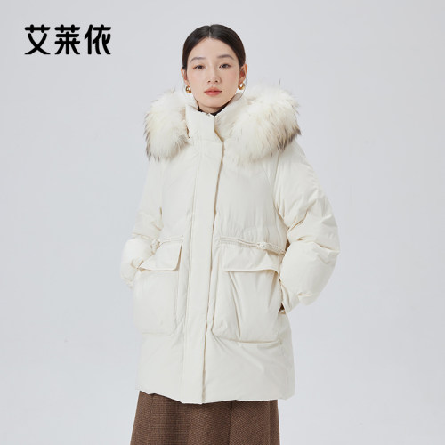 艾莱依国风中长款连帽毛领羽绒服