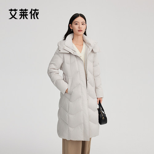 艾莱依新款羽绒服冬季收腰气质过膝大衣保暖鸭绒可脱卸帽保暖外套