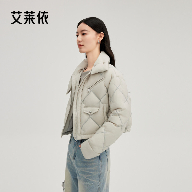 艾莱依鸭绒羽绒服女款刺绣新款夹克围脖领型保暖时尚短款休闲外套