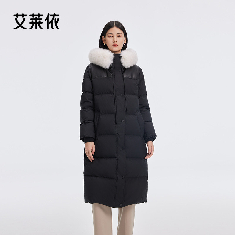 艾莱依新款羽绒服连帽拼接毛领时尚设计感长款过膝大衣女反季清仓