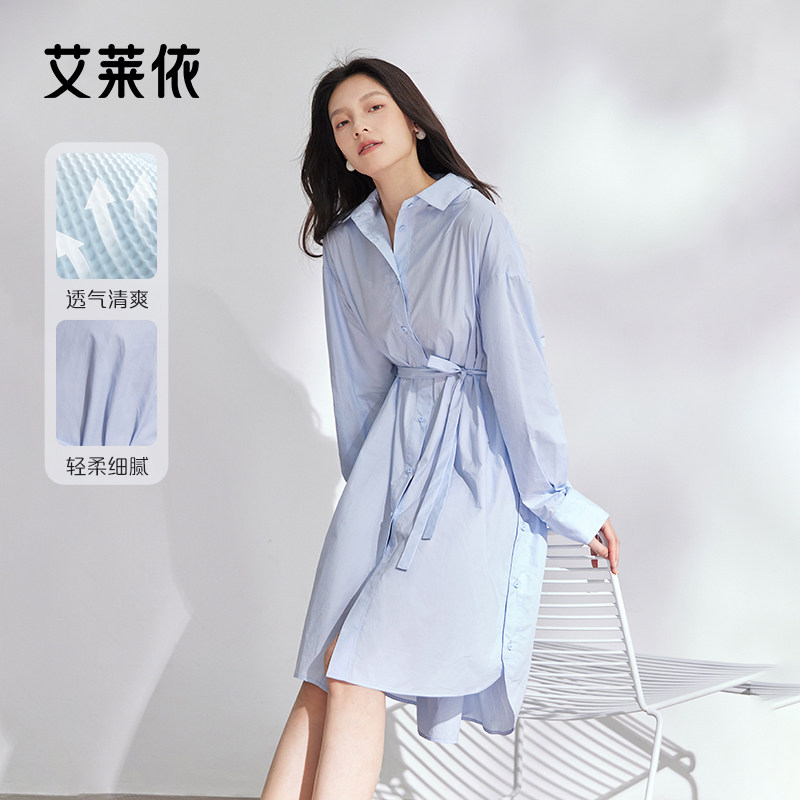 【达播】艾莱依连衣裙女夏季长袖气质优雅衬衫裙时尚收腰显瘦裙子图片