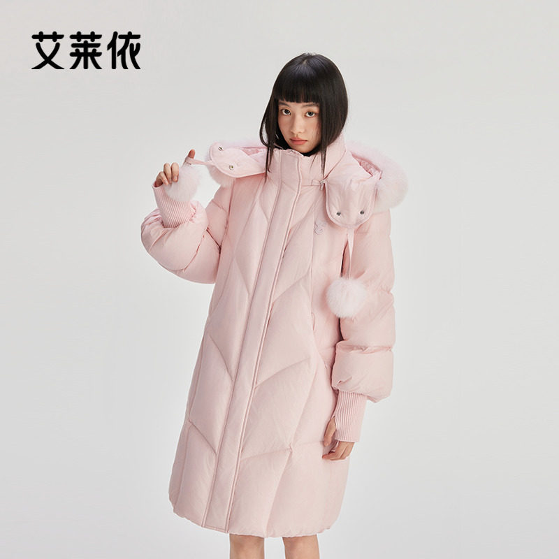 艾莱依狐狸毛领可拆卸长款羽绒服