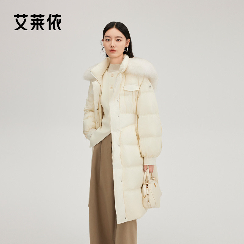 艾莱依鹅绒羽绒服女款冬新款长款外套保暖大衣收腰轻奢大毛领外套