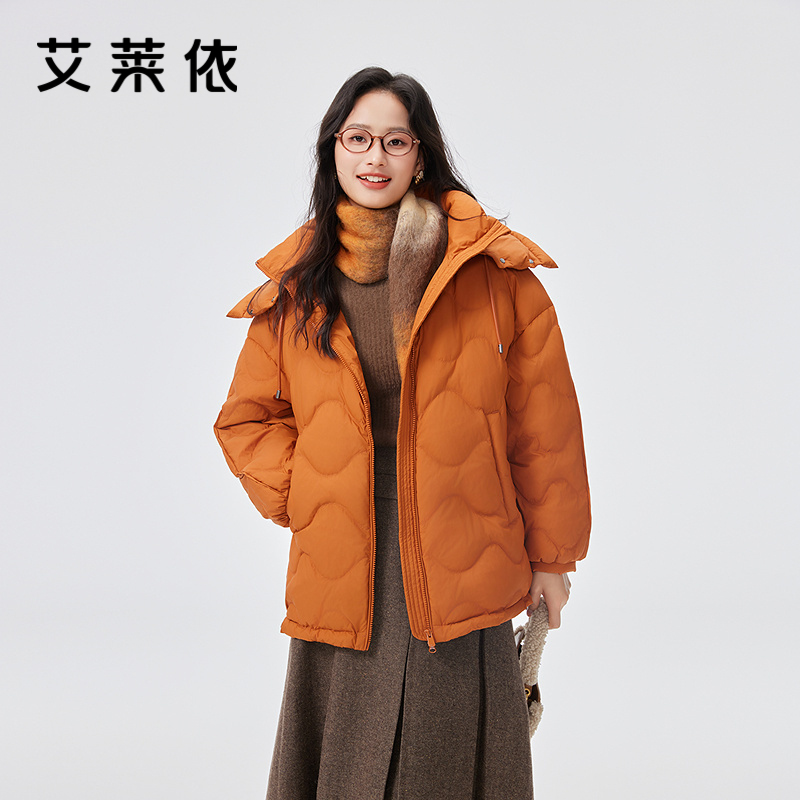 艾莱依连帽短款羽绒服商场同款简约珩缝加厚保暖简约冬季外套女款