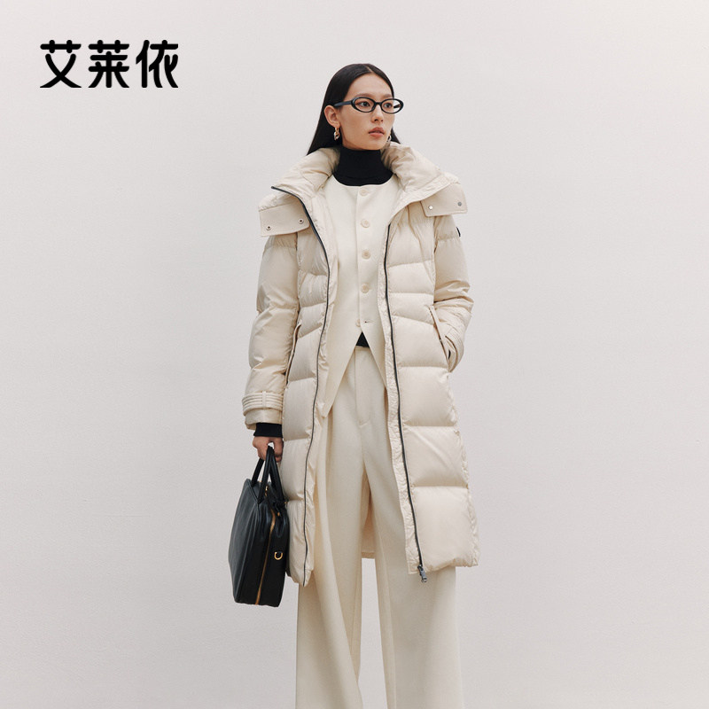 艾莱依致感系列羽绒服新款摩登时尚气质系带收腰连帽通勤上班外套
