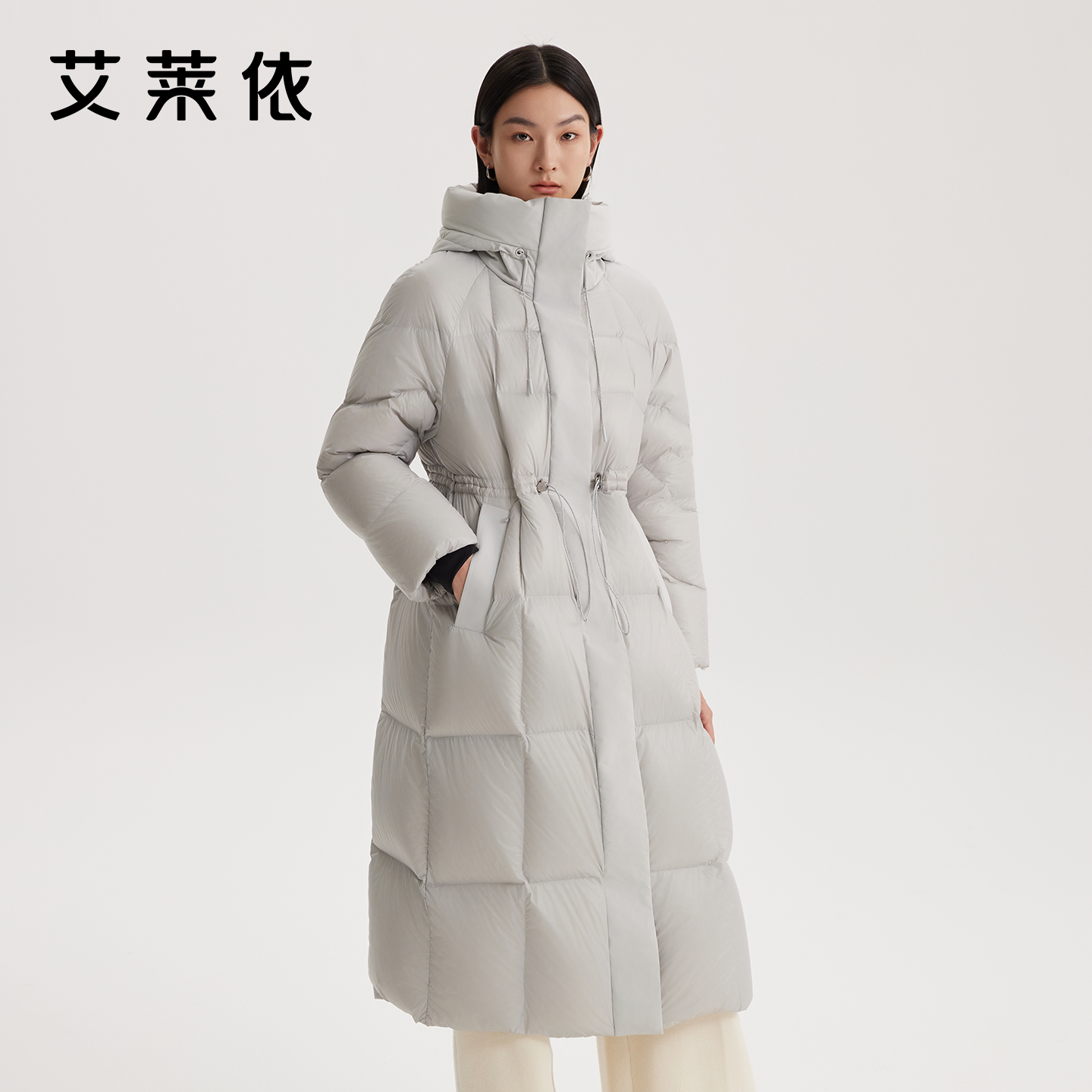 艾莱依都市廓形羽绒服女商场同款大被子连帽设计防风保暖长款外套