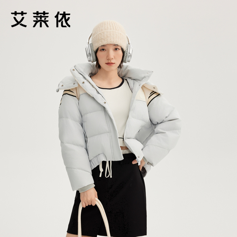 艾莱依复古灯芯绒拼接短款羽绒服