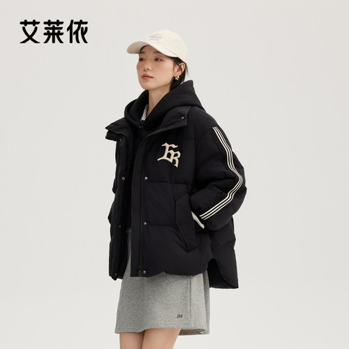 艾莱依假两件短款羽绒服美式新款运动时尚休闲连帽宽松加厚外套女