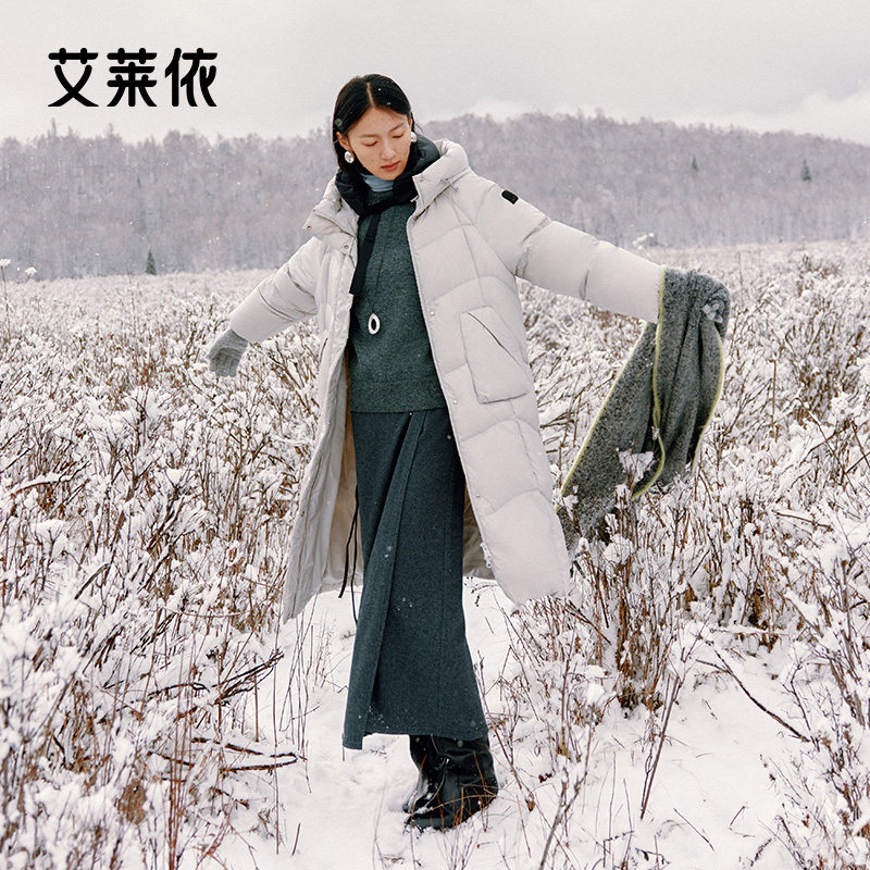 艾莱依长款羽绒服女款大衣休闲宽松运动可脱卸u型枕鹅绒外套流行