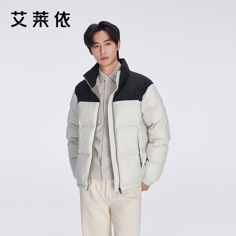 艾莱依撞色拼接短款羽绒服商场同款立领设计都市运动时尚冬季外套