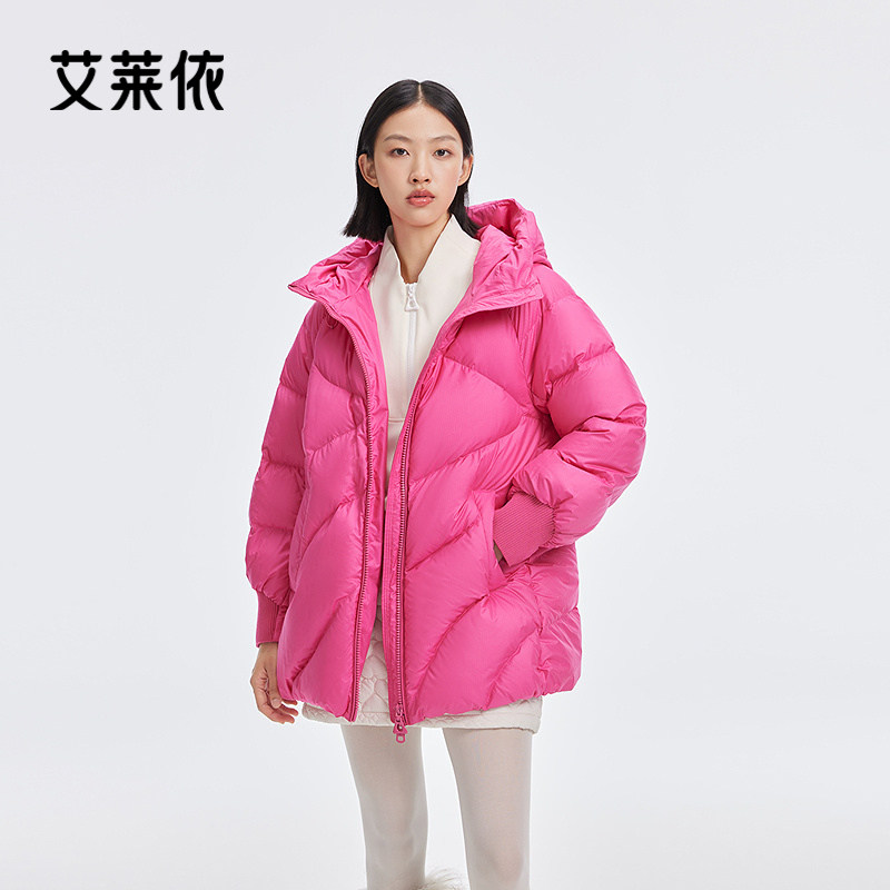艾莱依商场同款连帽羽绒服星星角绒格时尚显瘦罗纹袖口防风短外套