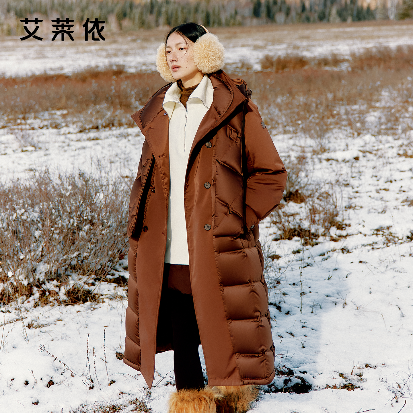 艾莱依长款鹅绒服女新款连帽高端收腰羽绒服女款大码宽松外套正品