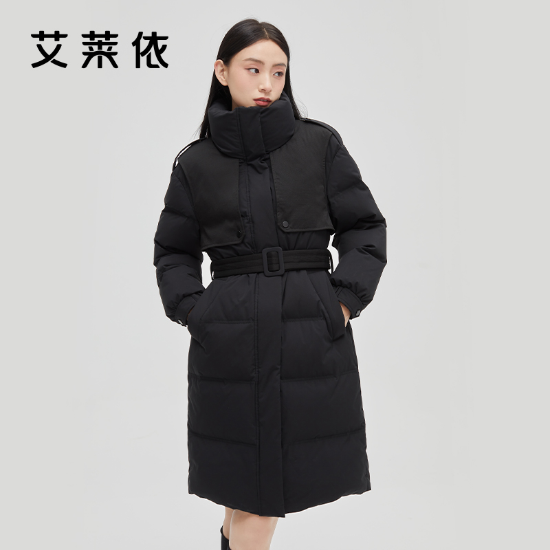 艾莱依秋冬羽绒服女中长款2022新款时尚简约鸭绒大牌设计风衣外套