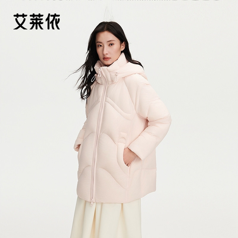艾莱依泡芙连帽羽绒服商场同款连帽防风保暖时尚大口袋中长款外套