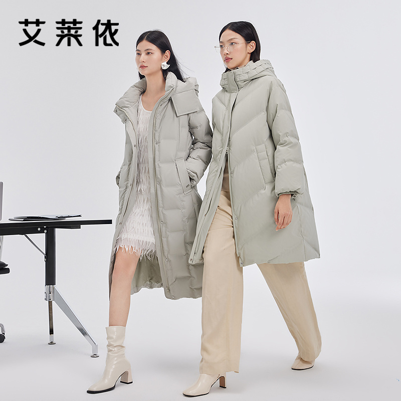 艾莱依趣味帽檐羽绒服商场同款防风袖口保暖连帽秋冬长款外套女士