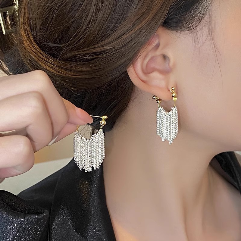 银针长款流苏耳环轻奢高级感耳坠耳钉欧美个性设计感夸张耳饰批发
