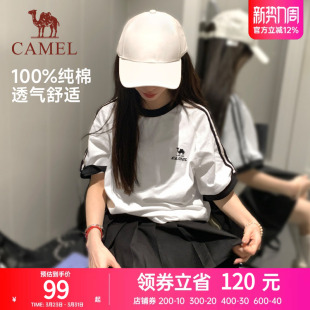 骆驼夏日T恤女纯棉短袖 2025春夏新款情侣宽松复古运动休闲上衣男