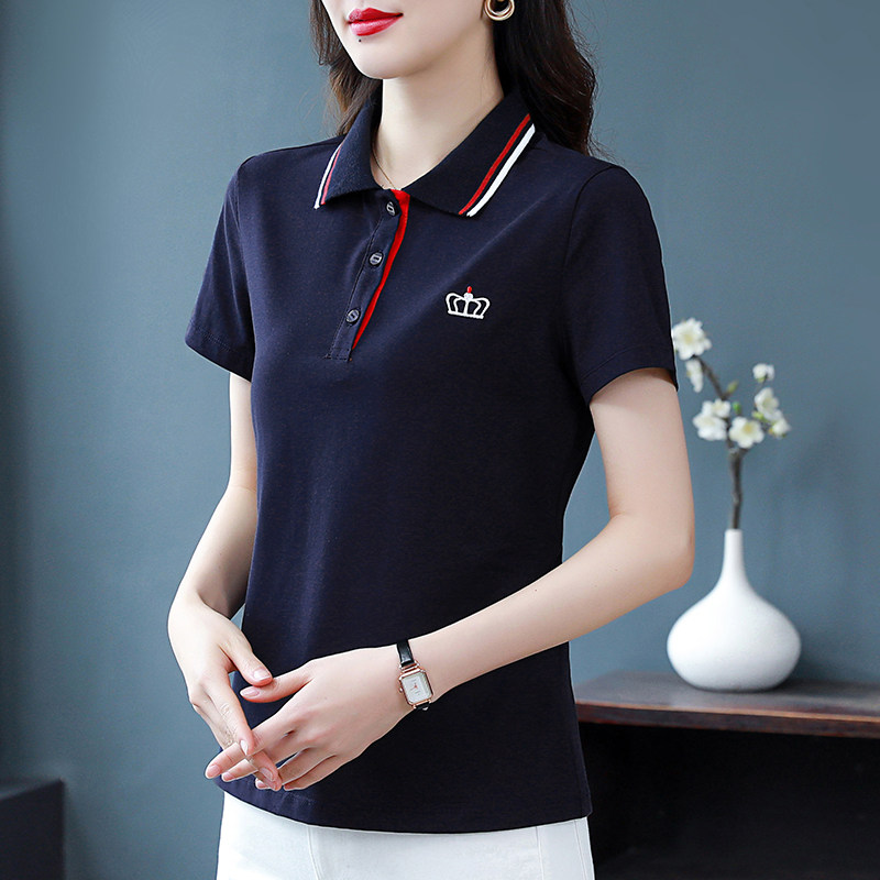 短袖t恤女装拼接polo领上衣