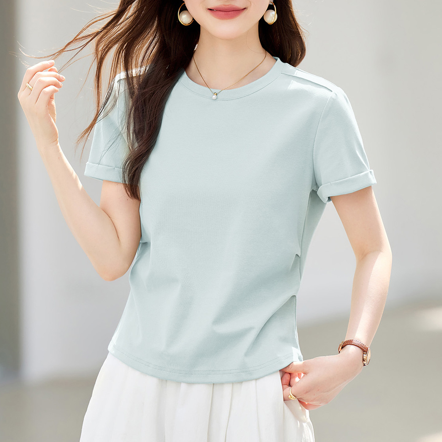 正肩短袖t恤女2026新款夏季爆款洋气高端女装修身收腰半袖上衣衫
