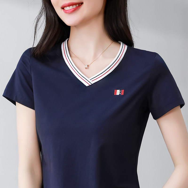 v领短袖t恤女宝蓝色打底小衫