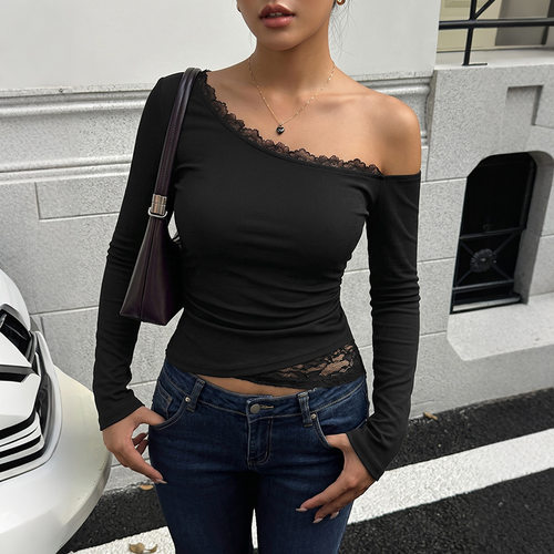 Casual sexy slanted shoulder asymmetrical lace patchwork top