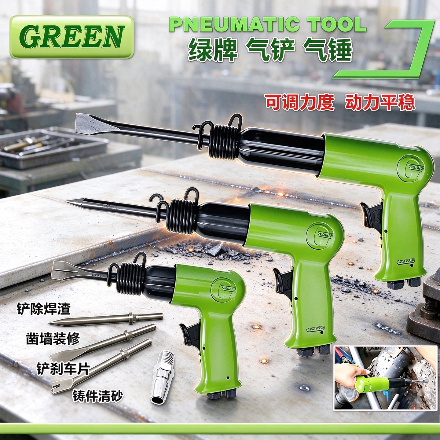 绿牌气铲子风铲刀气锤冲击气镐气锹锤刹车片气动工具150|190|250