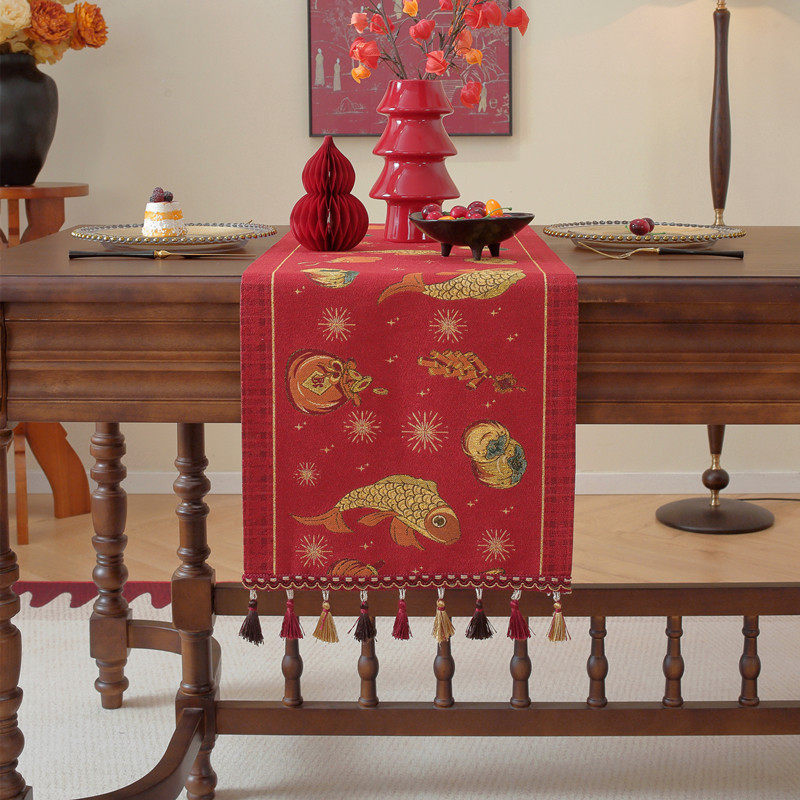 中式红桌旗喜庆订婚桌布茶几电视柜鞋柜盖巾民宿床旗抱枕年年有鱼