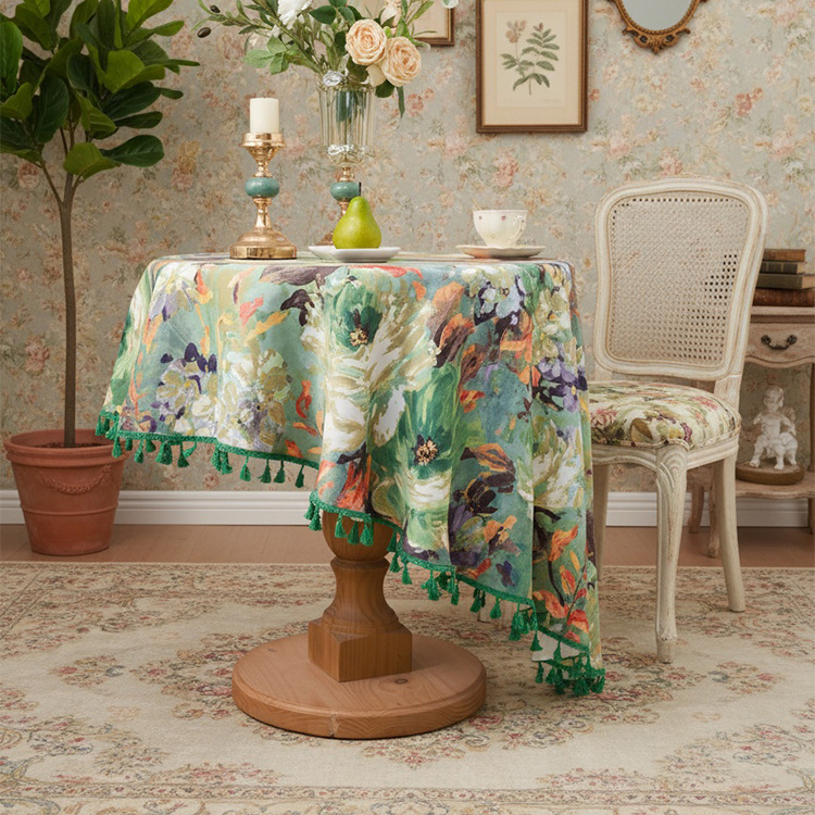 法式桌布油画家用咖啡店户外野餐茶几圆桌布高级感ins风台布绿色