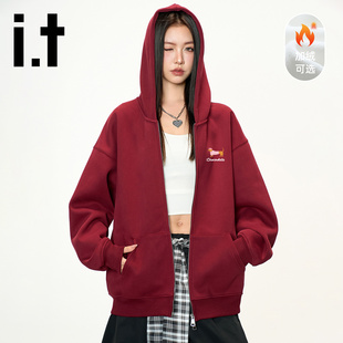 it:CHOCOOLATE美式重磅连帽加绒红色卫衣男女秋冬宽松休闲外套潮