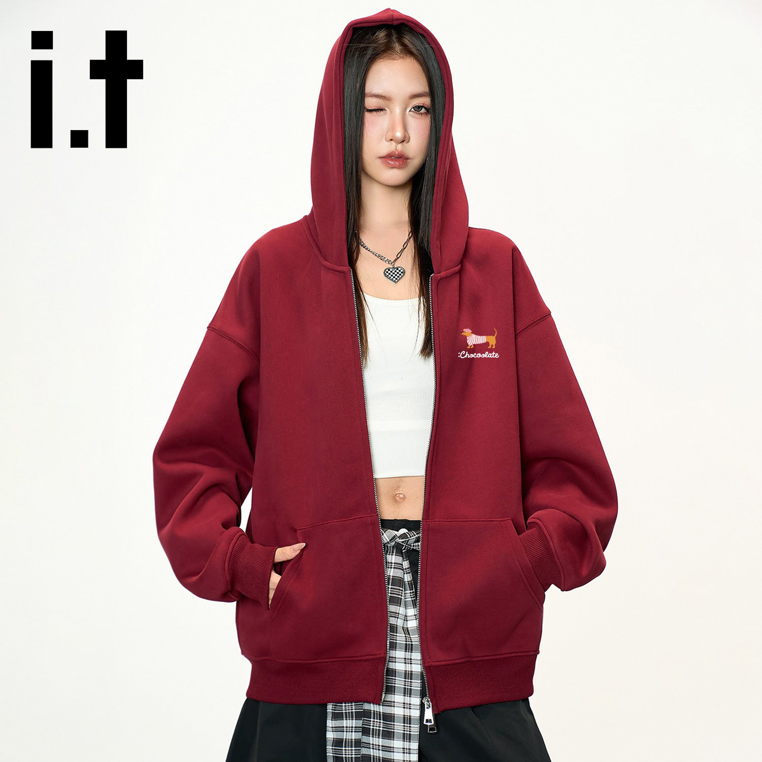 it:CHOCOOLATE美式重磅拉链开衫连帽卫衣男女春新款宽松休闲外套