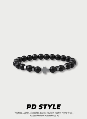 PDSTYLE 简约黑色天然石十字架手串男女生百搭小众设计弹力绳手链