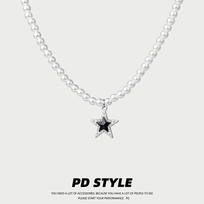 PDSTYLE黑色繁星镶钻珍珠项链