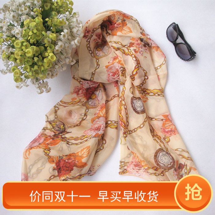 时尚洋气杏色怀表链条碎花新款桑蚕丝巾纱巾春夏女长款真丝薄围巾
