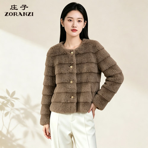 ZORANZI 庄子女装秋冬季短款深咖色外套圆领绵羊毛女大衣WPV3527D