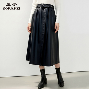 ZORANZI 黑色百搭中长皮半裙女后中开叉半身裙LWSAU529D 庄子女装