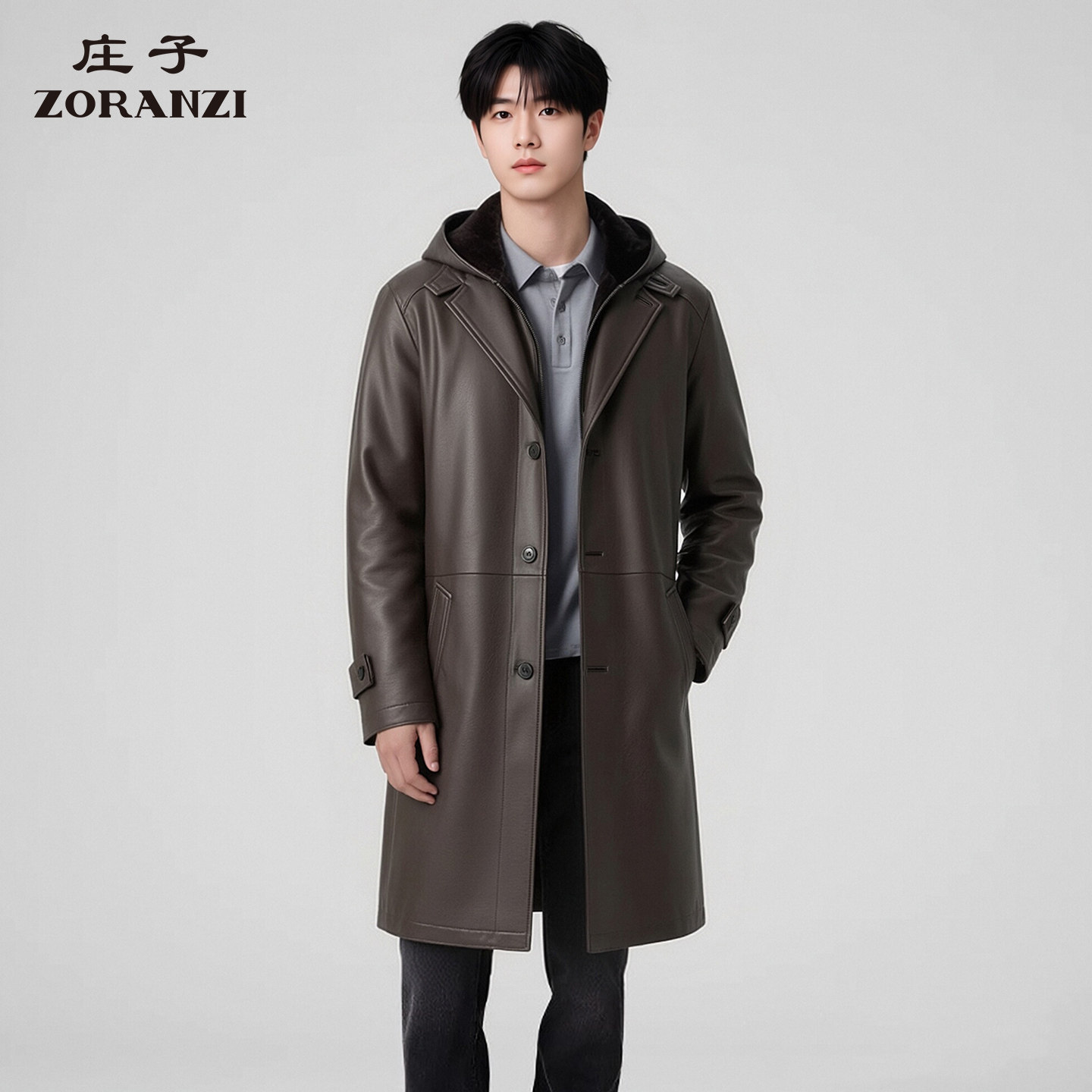 ZORANZI 庄子男装中长款连帽皮衣男士棕色绵羊皮皮衣LMRC8777