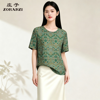 ZORANZI 庄子女装夏季桑蚕丝复古上衣时尚百搭圆领短袖WJV2339D