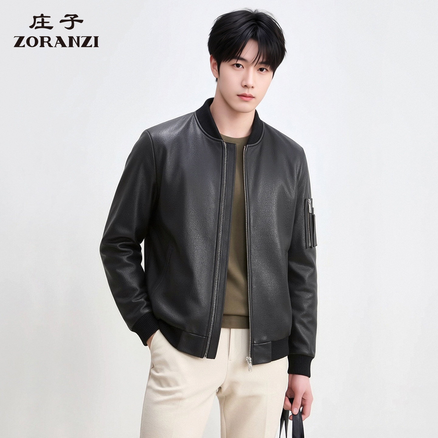 ZORANZI 庄子男装黑色短款休闲皮衣男士棒球领皮夹克外套LMQC8651