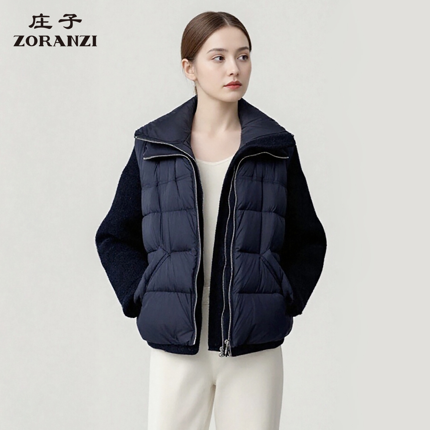 ZORANZI 庄子女装冬季黑色时尚针织拼接羽绒服女轻薄外套WEU4198Y