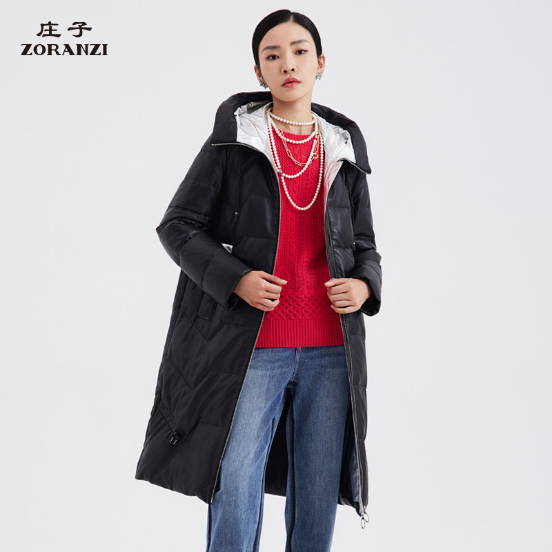 zoranzi 庄子女装冬季中长款黑色连帽皮羽绒女士真皮外套lwjd8370